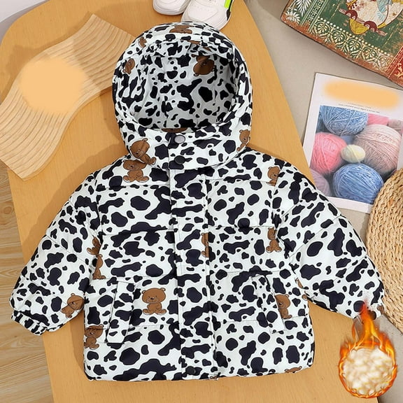 MKOSPLRT Kid's Cow Print Winter Jackets Warm Hooded Quilted Puffer Coats Long Sleeve Padded Outerwear for Childrens Boys Girls