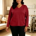 thumbnail image 6 of thefmos Women's V Neck 3/4 Sleeve Pullover Blouse with Pocket Plus Size Solid Color Casual Top Trendy Fall Spring Outfit, Red XL, 6 of 9