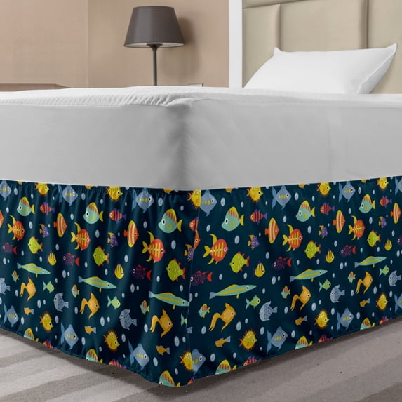 Aquarium Bed Skirt, Marine Theme Illustration Colorful Fishes and Bubbles Art Print, Elastic Bedskirt Dust Ruffle Wrap Around for Bedding Decor, 4 Sizes, Dark Teal and Multicolor, by Ambesonne