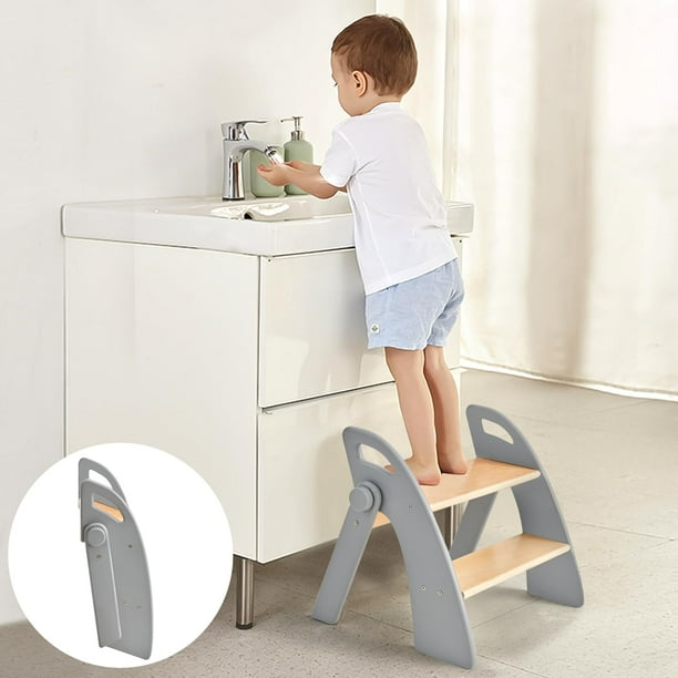 Taburete de 2 escalones Joothlin de madera para baño infantil plegable, gris