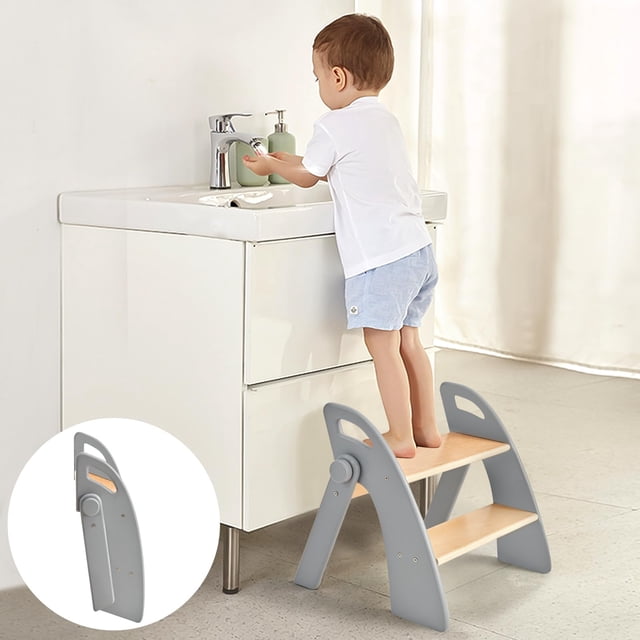 Taburete de 2 escalones Joothlin de madera para baño infantil plegable, gris