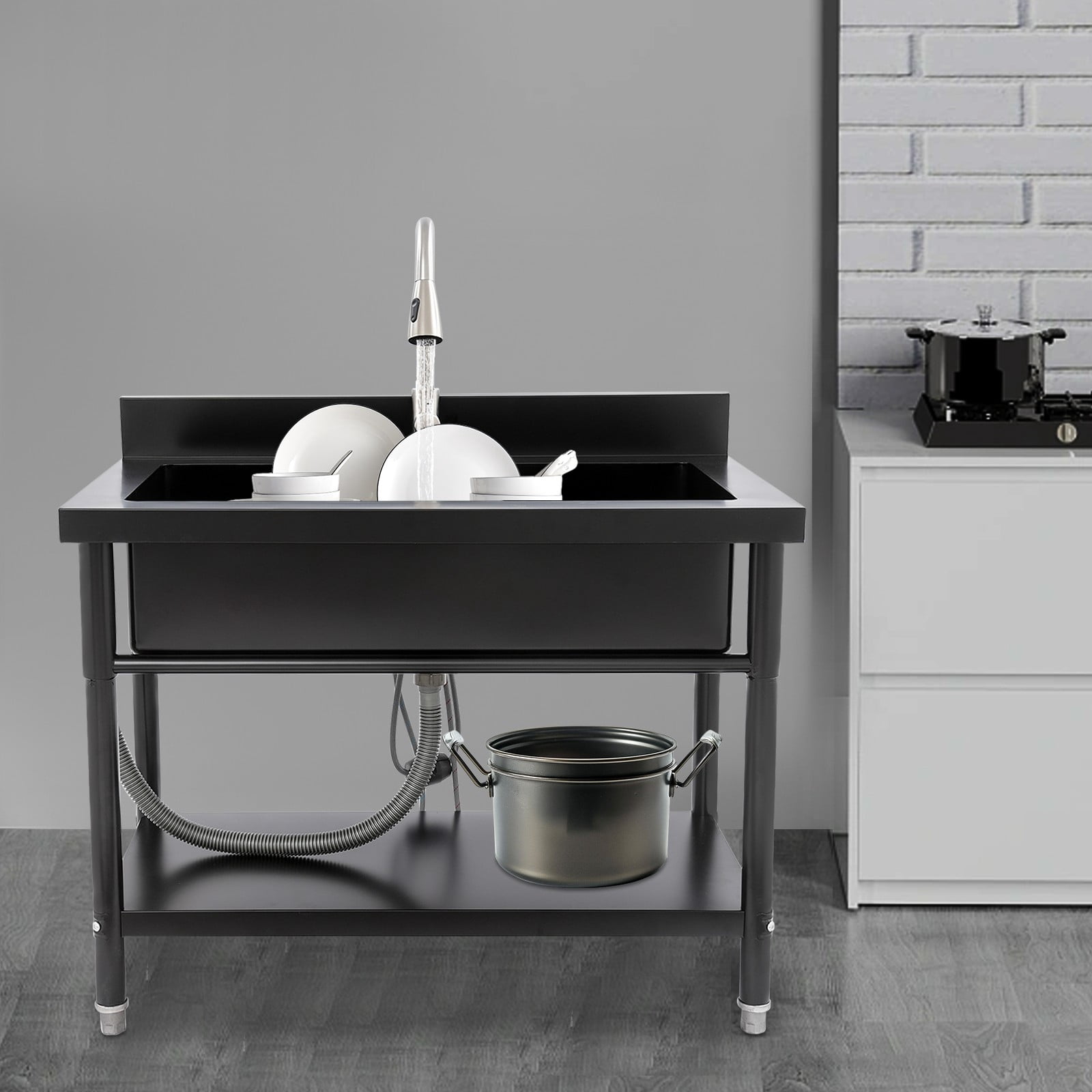 ToppiJoy Stainless Steel Single Bowl Utility Sink, Freestanding Laundry Sink with Pull-Out Faucet for Laundry Room Indoor Outdoor (Black)
