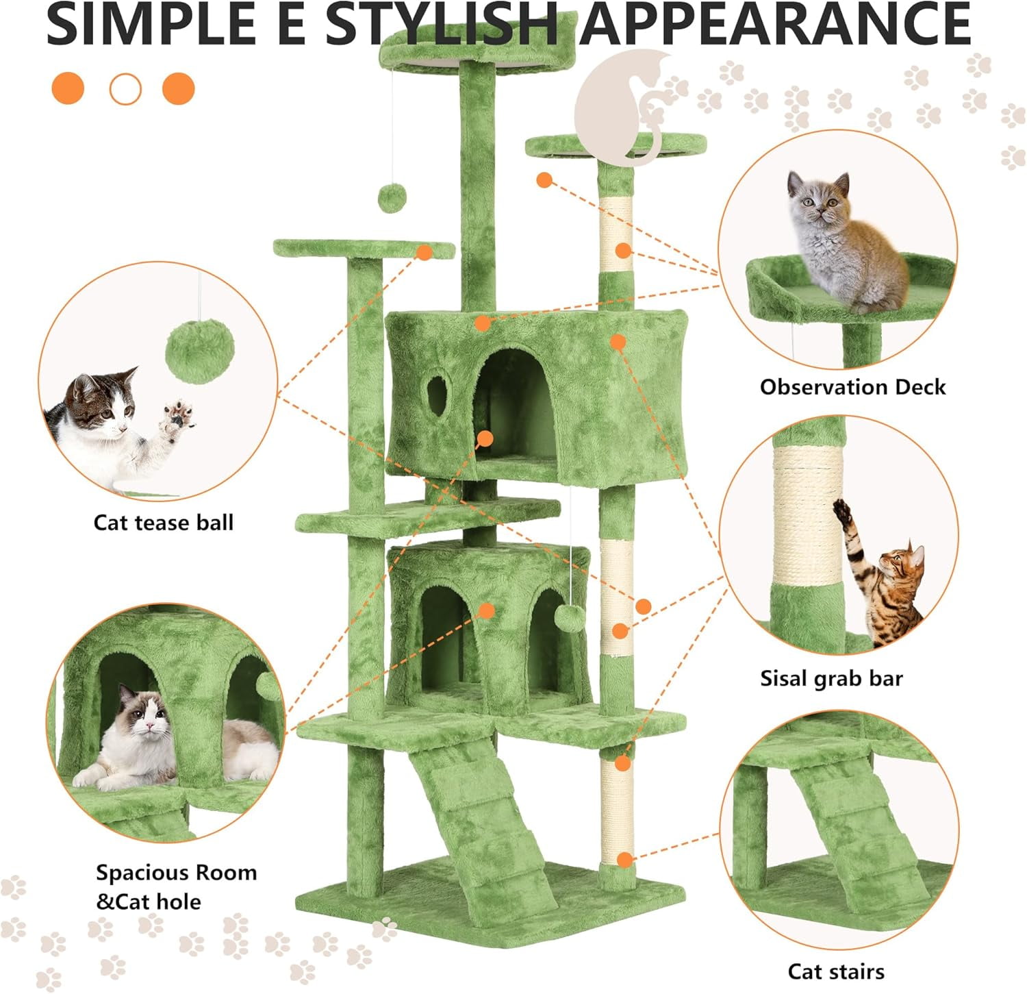 Dkelincs 70in Cat Tree Tower Multi-Level Double Condo Cat Furniture with Scratching Post Tower & 3 Top Perches, Green