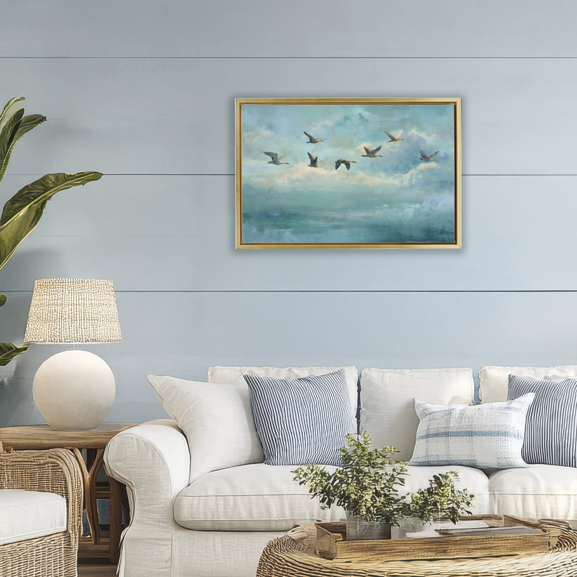 Stupell Industries Blue Skies Geese Gold Framed Floater Canvas Wall Art, design by Petal Prints Design