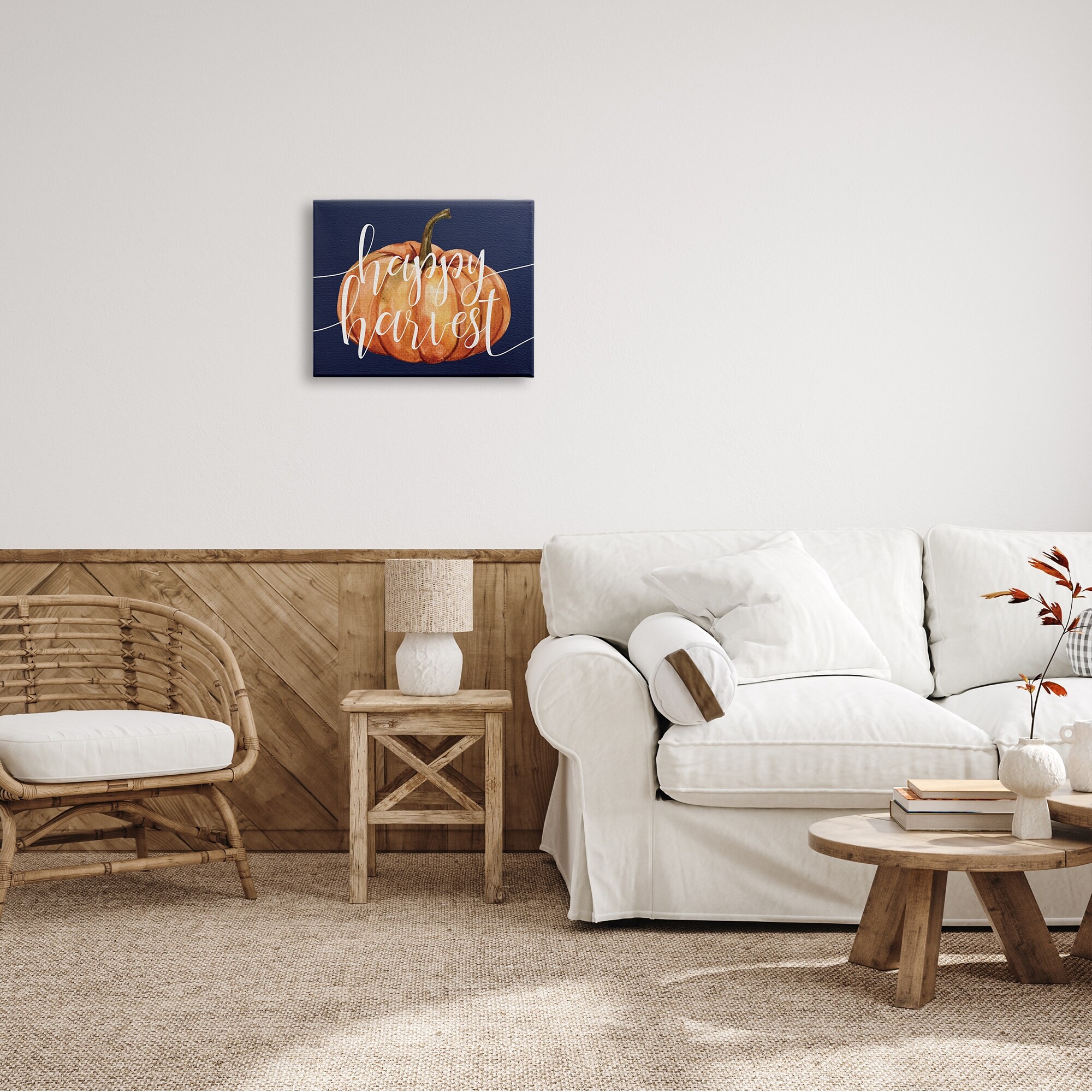Stupell Industries Happy Harvest Phrase Orange Pumpkin over Blue, 48 x 36,Design by Daphne Polselli