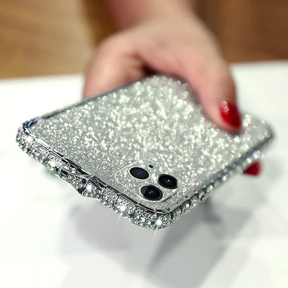 Compatible with iPhone 12 Pro Bling Glitter Case for Women Cute Diamond Rhinestone with Shiny Sparkly Sticker Skin Plating Metal Bumper Frame Edge Protective Cover Girly Fashion Case Silver