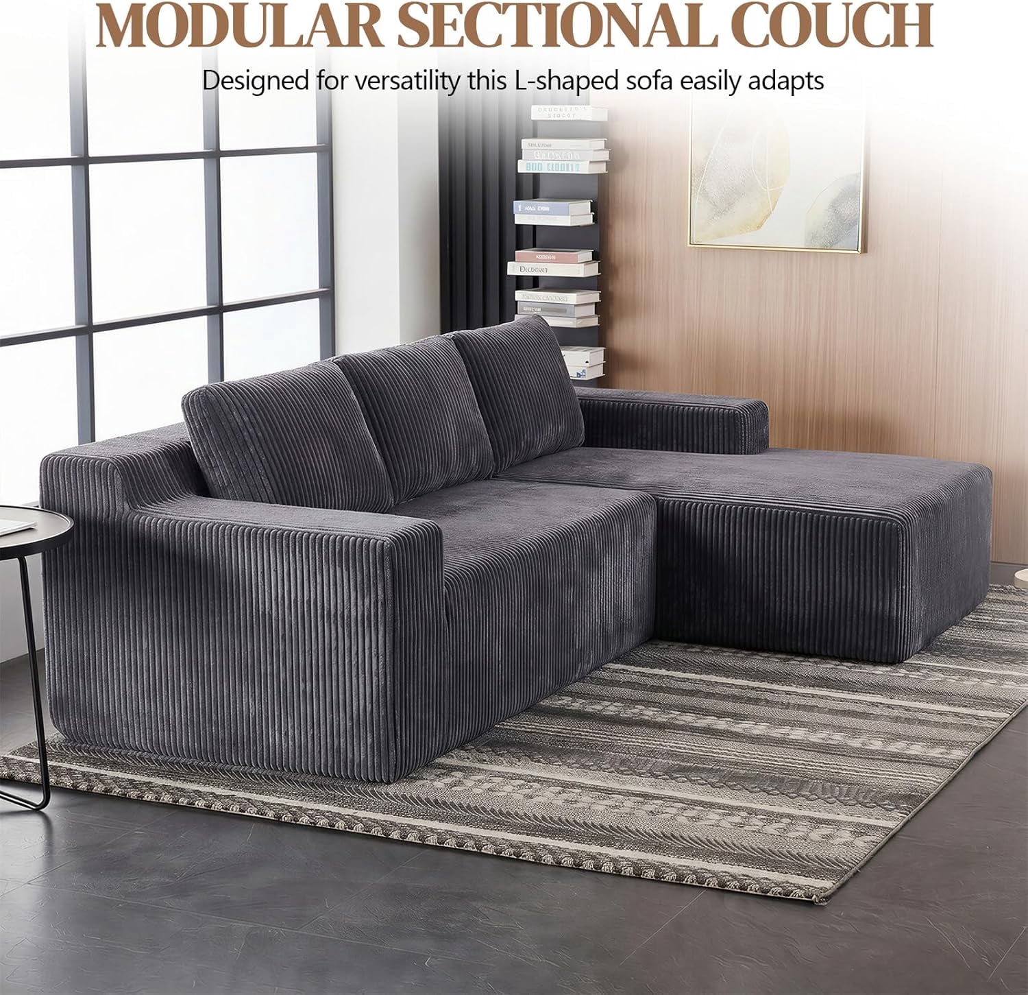 96.5" Corduroy Modular L Shaped Sectional Sofa for Living Room Bedroom, No Assembly, Grey
