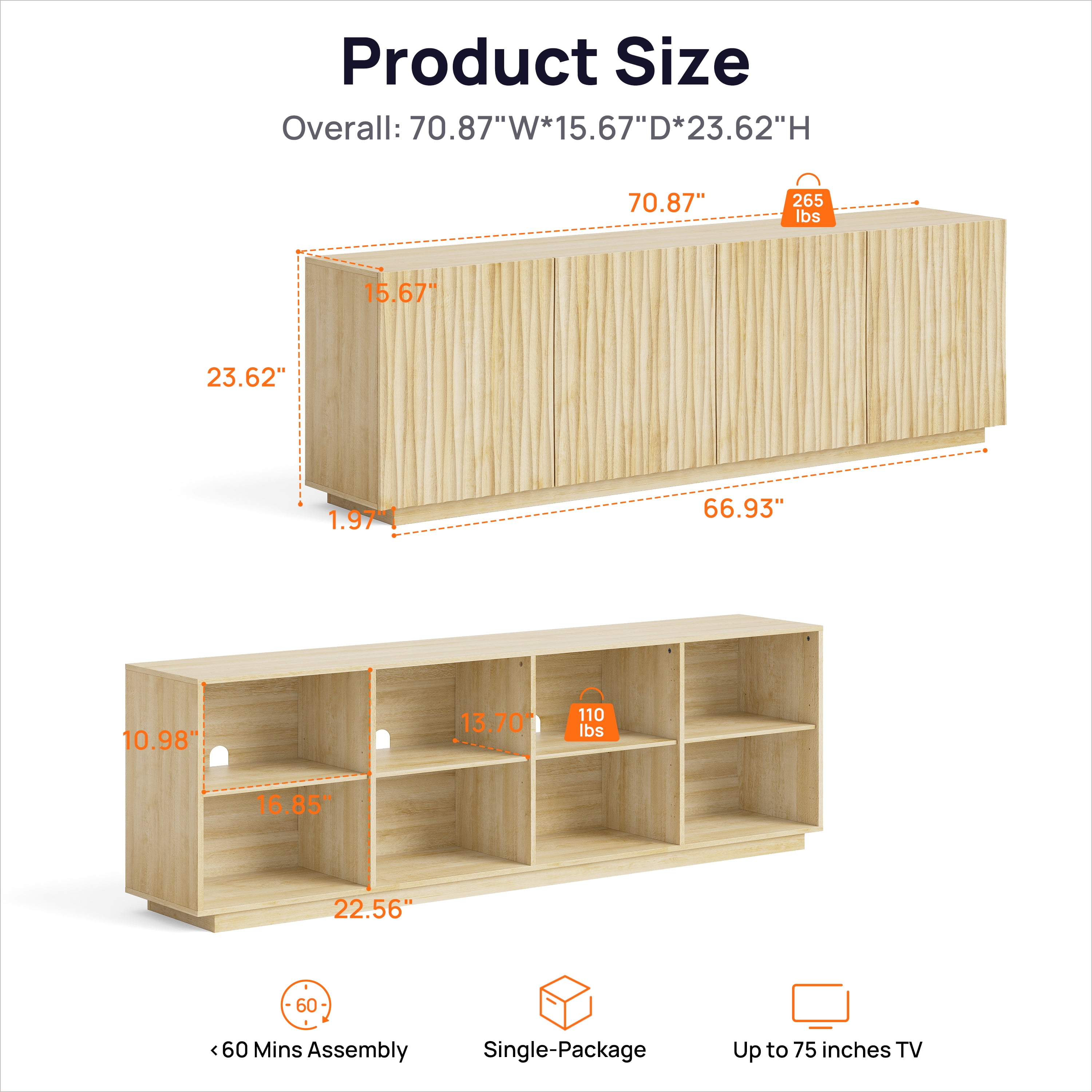 CHIC HOUSE 70" Fluted TV Stand for TVs up to 75", Mid-Century Modern Tall Media Cabinet with 4 Doors & Shelves, Wave-Inspired Wooden TV Console for Living Room, Bedroom, Oak