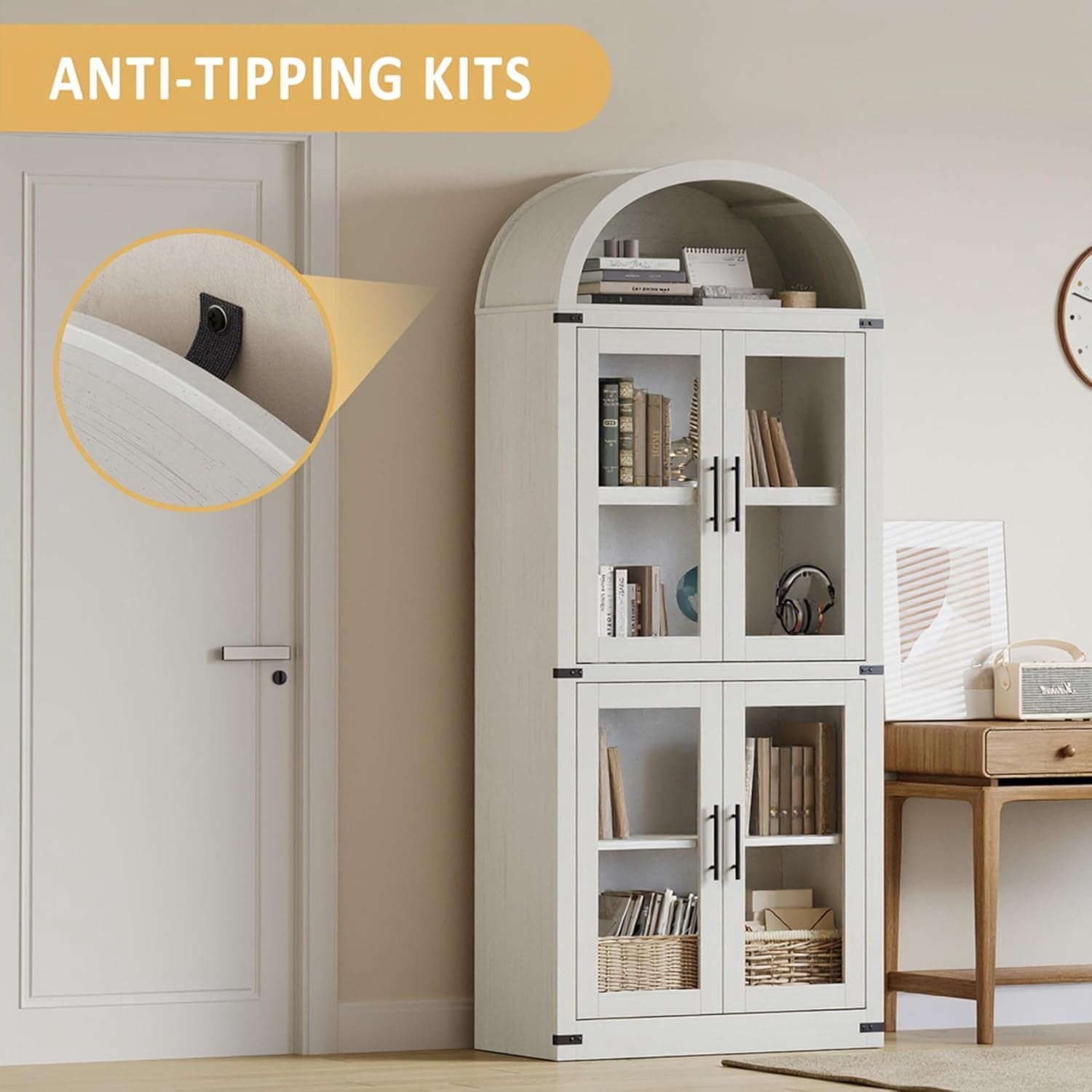 AOILE 72" Tall Arched Farmhouse Bookcase with Doors, Wooden Display Cabinet with Storage Shelves