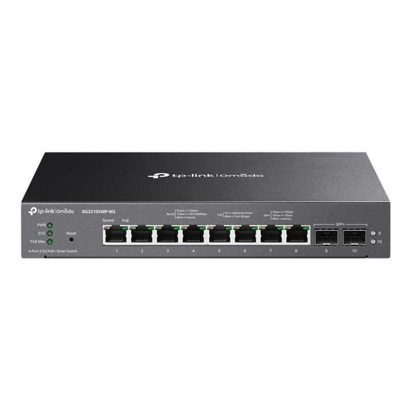 TP-Link Omada SG2210XMP-M2 V1.6 - Switch - L2+ - smart - 8 x 100/1000/2.5G (PoE+) + 2 x 10Gb Ethernet SFP+ - desktop, wall-mountable - PoE+ (160 W)