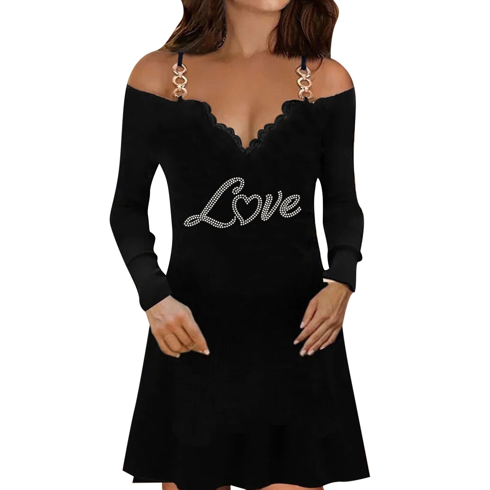 Alueeu Women Long Sleeve Love Print Vintage Lace Dress Sequin Gothic Off  Shoulder Body-con Plus Size S-2XL White M - Walmart.com