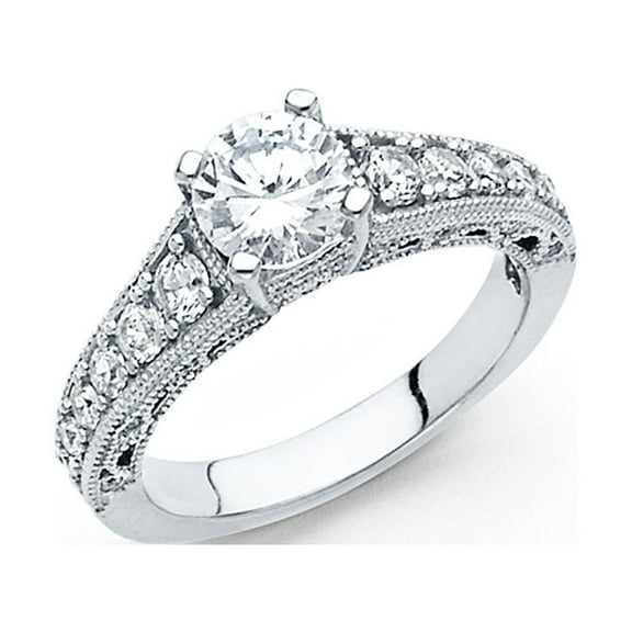 14k White Gold CZ Vintage Style Solitaire Engagement Ring Anniversary Round CZ Band Side Stones Size 7