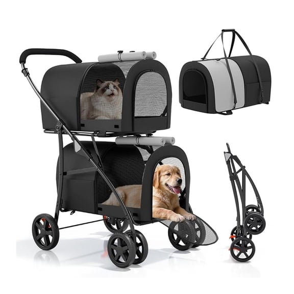 Double Dog Stroller with 2 Detachable Bags, 4-Wheel Folding Pet Travel Strolling Cart with Storage Pocket for Small-Medium Dogs & Cats Puppy, Black