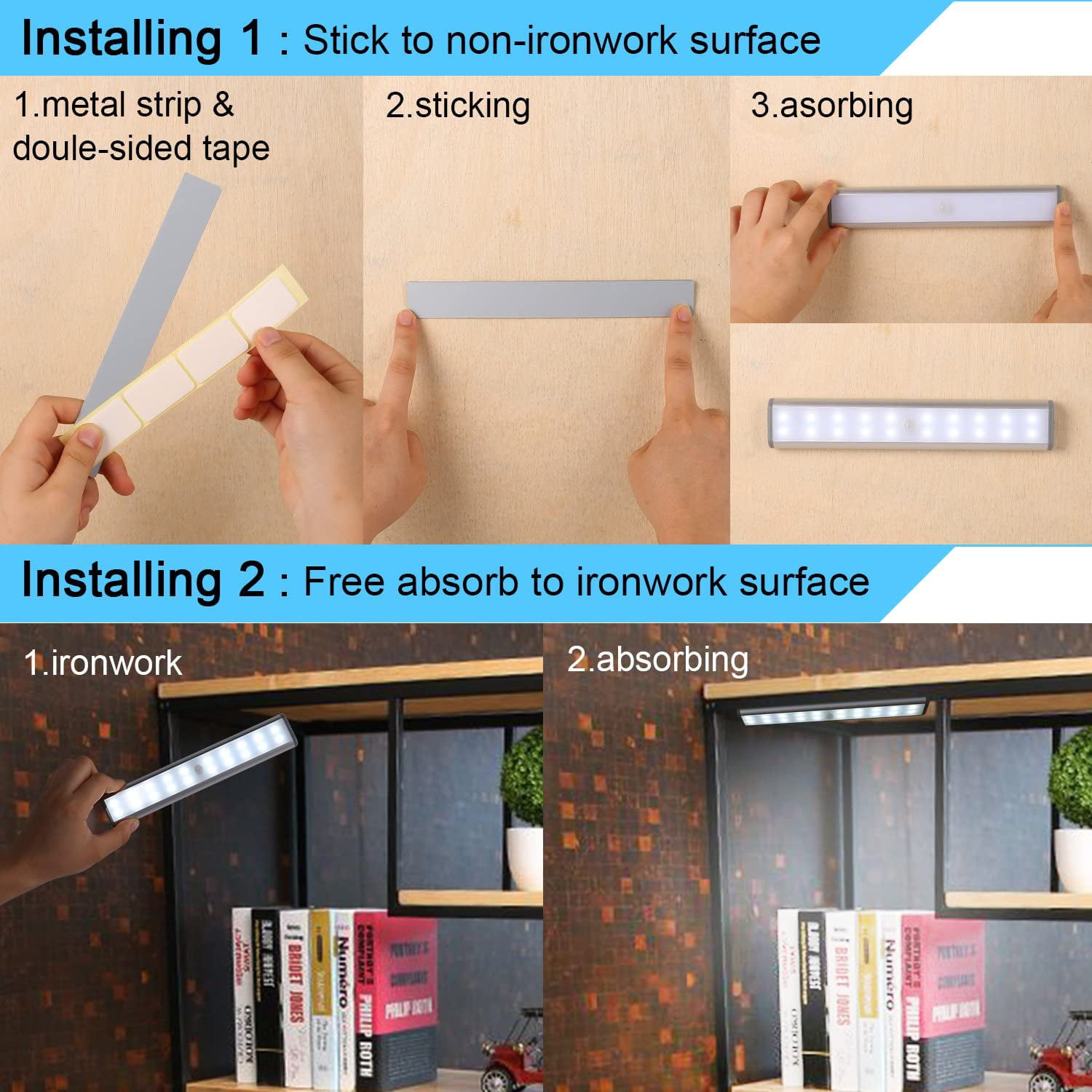 Silver2 Stick-on Anywhere Portable Little Light Wireless LED Under Cabinet Lights 10-LED Motion Sensor Activated Night Light Build in Rechargeable Battery Magnetic Tape Lights for Closet,Cupboard 
