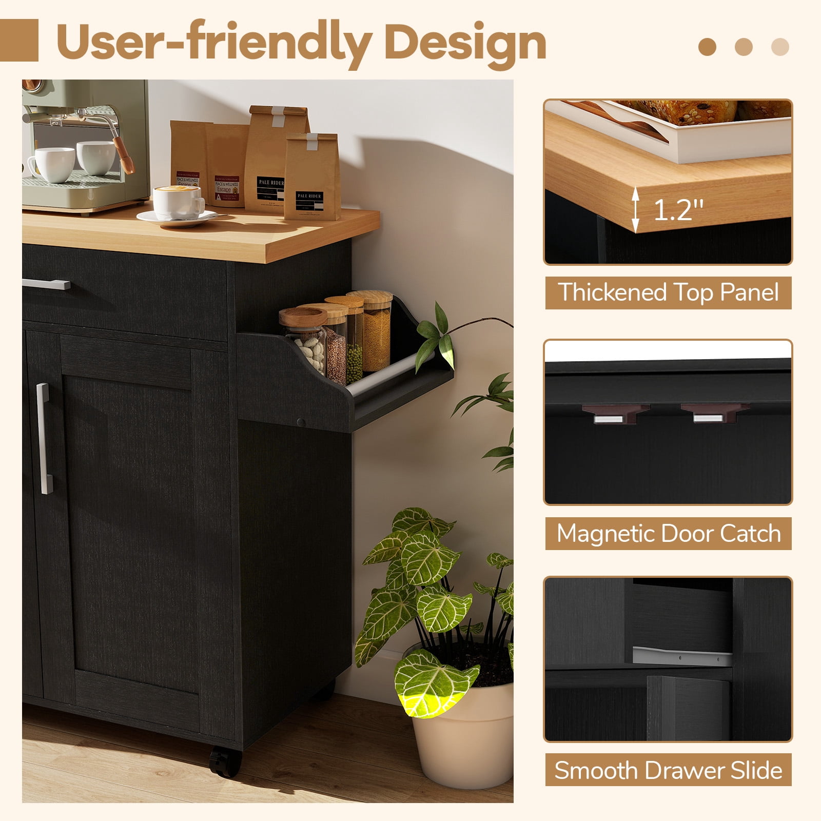 Giantex Kitchen Island Cart with Storage Cabinet on Wheels, Spice Rack Towel Rack & Drawer, Black