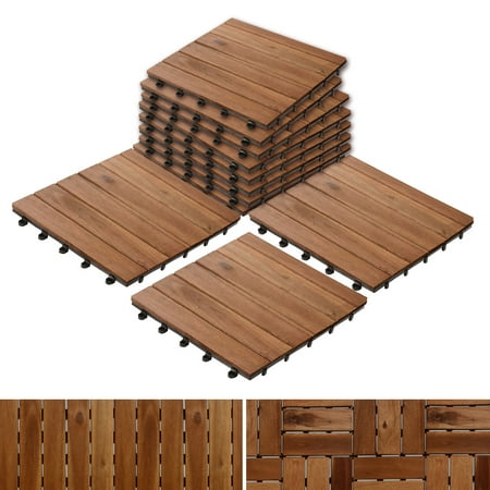 Patio Pavers | Composite Decking Flooring and Deck Tiles | Acacia Wood | Suitable for Indoor and Outdoor Applications | Stripe Pattern | 12x12 inches - Pack of 11 (The Best Wood For Decking)