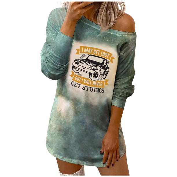 Mini vestido de manga larga con escote ancho y estampado de letras Tie-dye para mujer, vestido básico adelgazante delgado Pompotops hdfakjf596