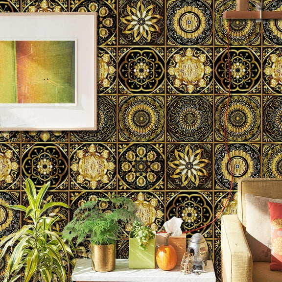 12 Piece Tiles Stickers Kitchen Backsplash Decals 4x4inch Gold Mandala Wall Stickers Vinyl Peel and Stick Bathroom Stairs Decor