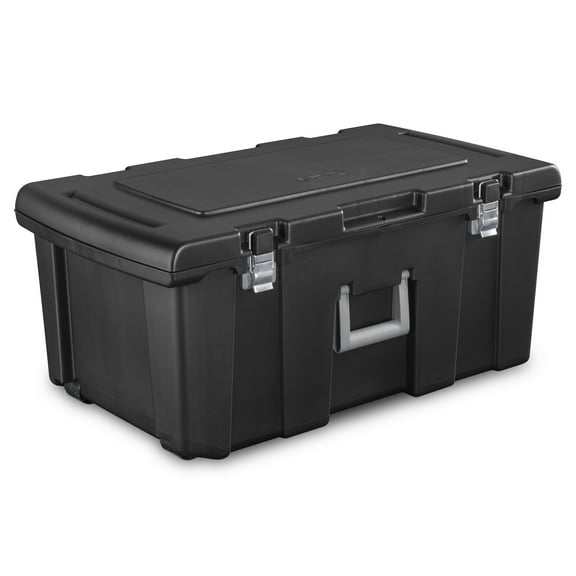 Sterilite Large Footlocker, Heavy Duty Plastic Storage Bin, with Handle and Wheels, Lockable, Black