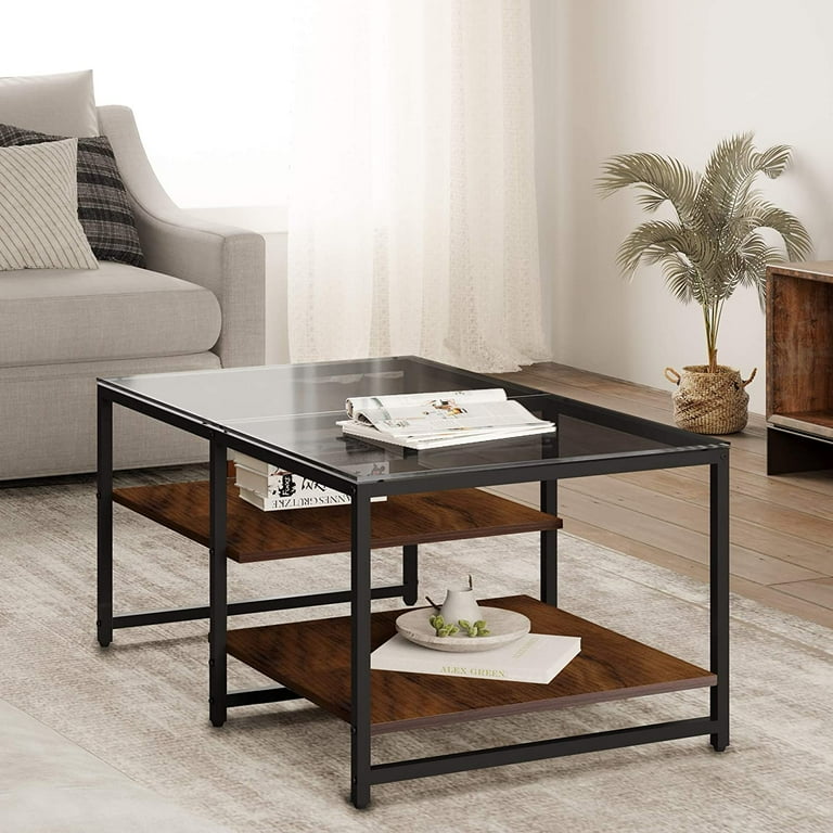 Homooi Modern Metal Frame and Glass Top Coffee Table, Brown/Black