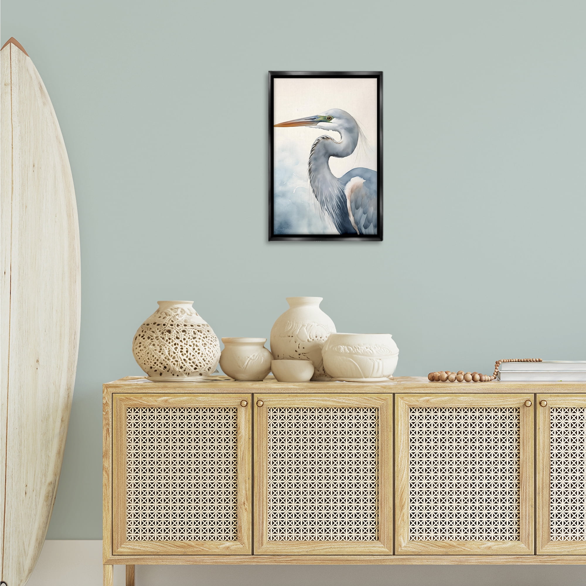 Stupell Industries Quiet Heron Looking Left Animals & Insects Painting Black Floater Framed Canvas Art Print Wall Art, 17 x 25