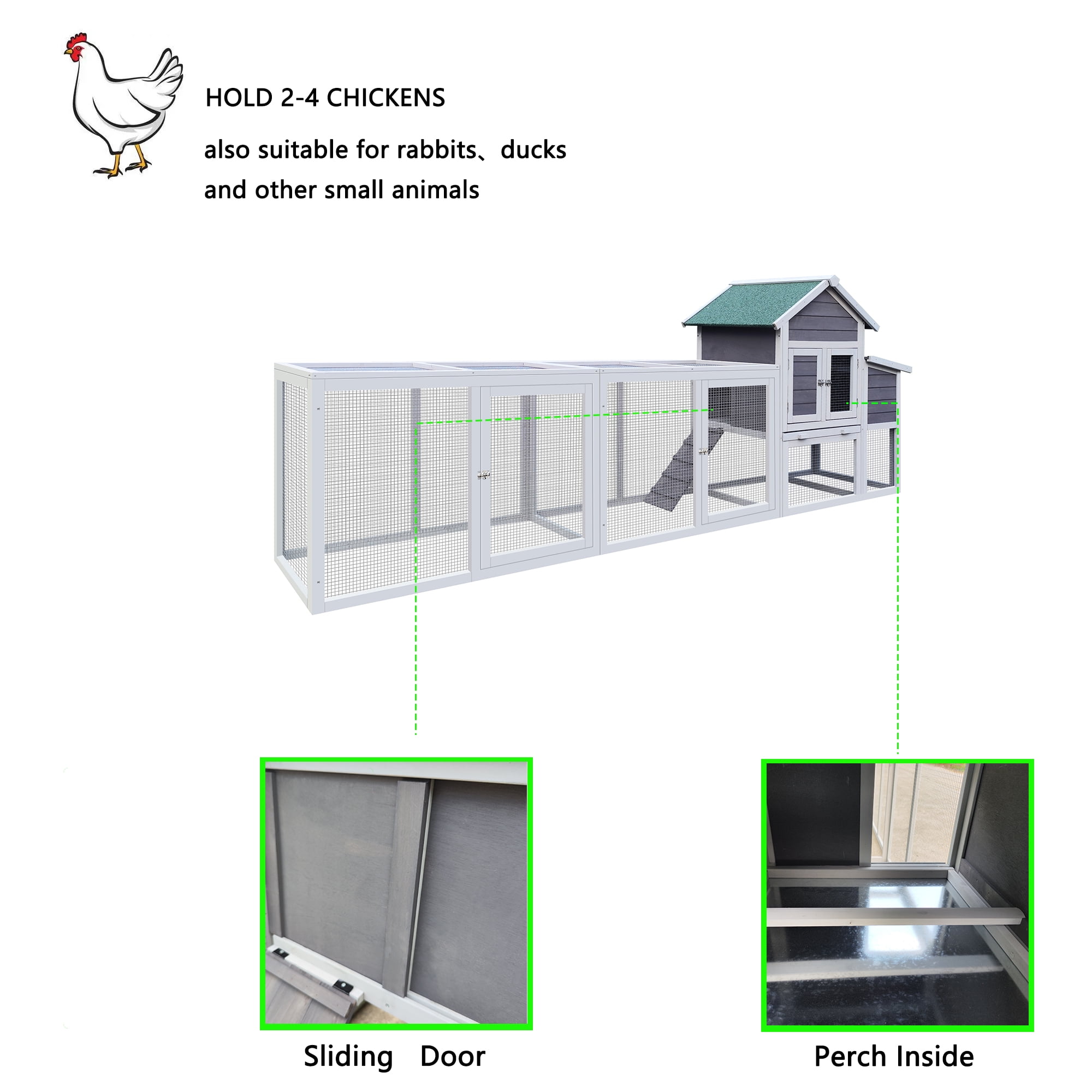 Wooden Chicken Coop Outdoor Hen House with Run, Waterproof Roof & Nesting Box, Rabbit Duck Poultry Cage with Perch, Sliding Tray, and Secure Locks