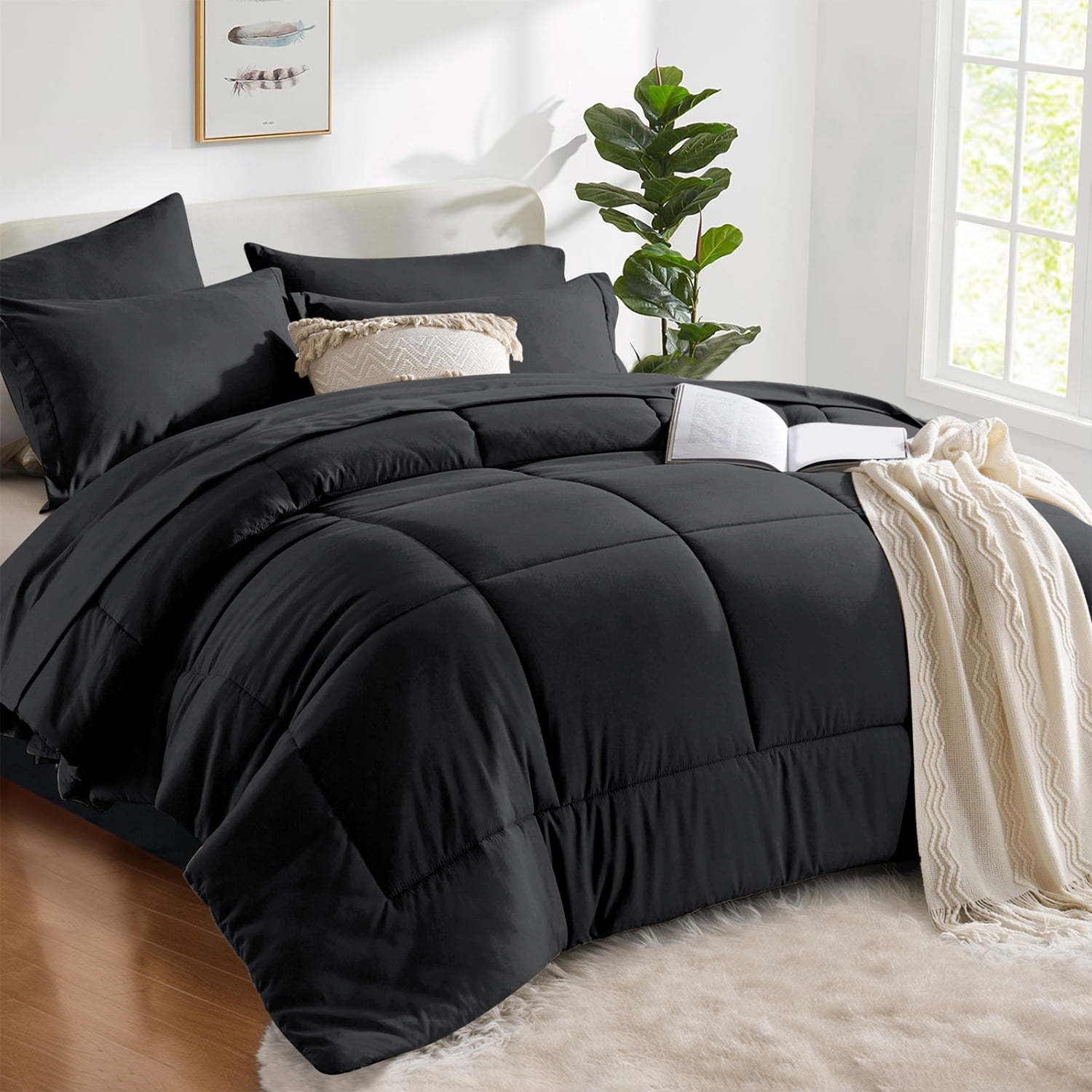 Flymme King Size Comforter Set Black, 7 Pieces King Bed in a Bag, All Season Bedding Sets with 1 Comforter, 1 Flat Sheet, 1 Fitted Sheet, 2 Pillowcase and 2 Pillow Sham