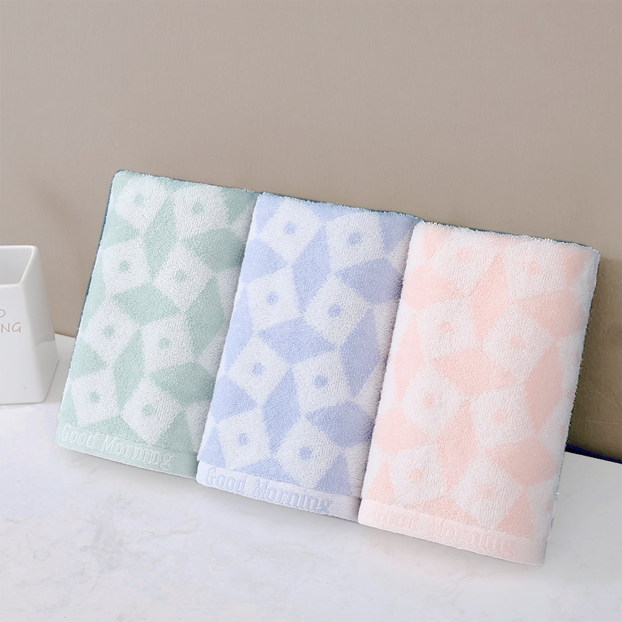 Unique Bargains Geometric Pattern Hand Towels Cotton Kitchen Bathroom Towels Green 4-Piece