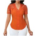 thumbnail image 2 of Xuyuer Women's Lace Patchwork Short Sleeve Blouse, Button V-Neck Casual Fashion Top Solid Color Shirt, 2 of 6
