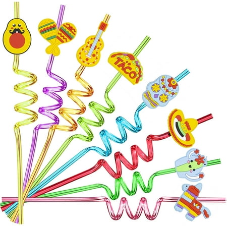 24pcs cinco de mayo fiesta theme beverage cocktail shaped straws for mexican fiesta taco party supplies with 2 pieces straw cleaning brushes, 8 colors straws