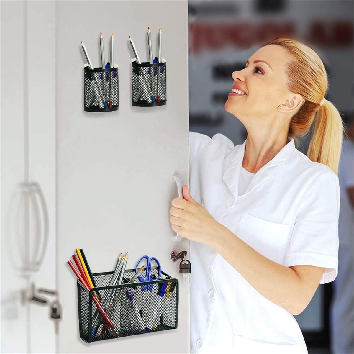 Casewin 3Pcs Magnetic Pencil Holder, Metal Strong Magnet Pen Cup, Magnetic Marker Storage Basket Organizer to Hold Whiteboard Refrigerator Fridge Locker Accessories
