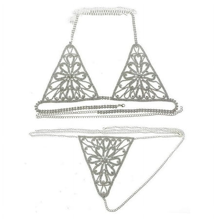 GENEMA Womens Glitter Rhinestones Body Chain Suit Silver Floral Jewelry Chain Underwear Bikini Bra and Thong Set Crystal Cover Up Harness Party Clubwear