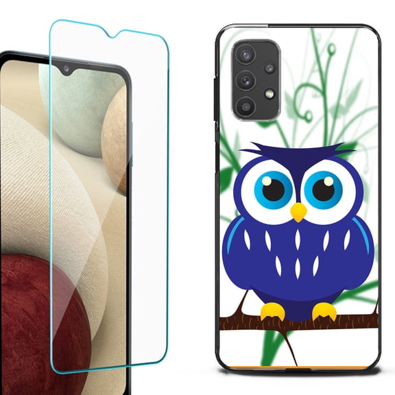 Slim-Fit Flexible TPU Gel Phone Case (black) for Samsung Galaxy A32 5G, with Tempered Glass Screen Protector, by OneToughShield ® - Blue Owl