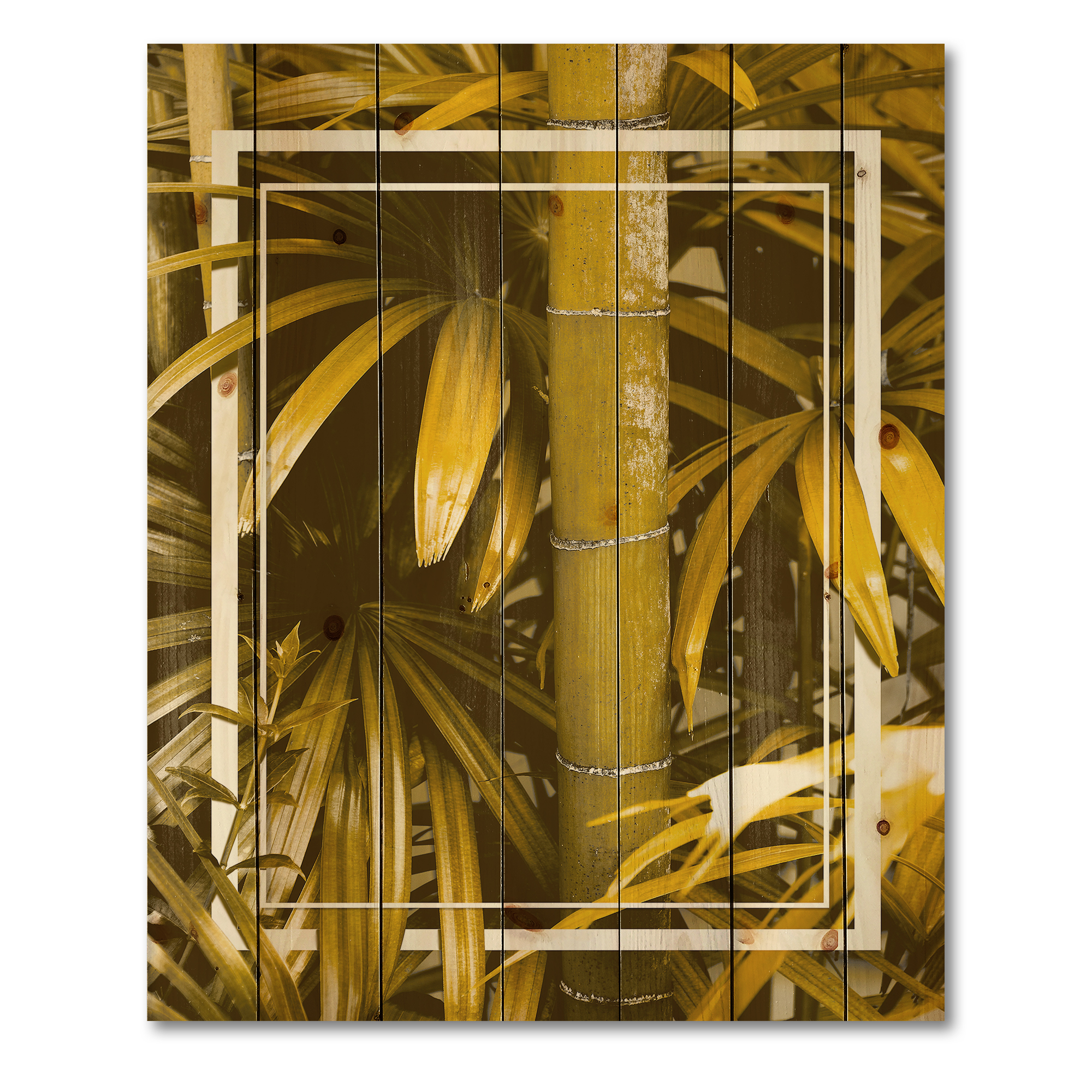 Designart 'Tropical Leaves and Yellow Bamboo' Tropical Print on Natural Pine Wood