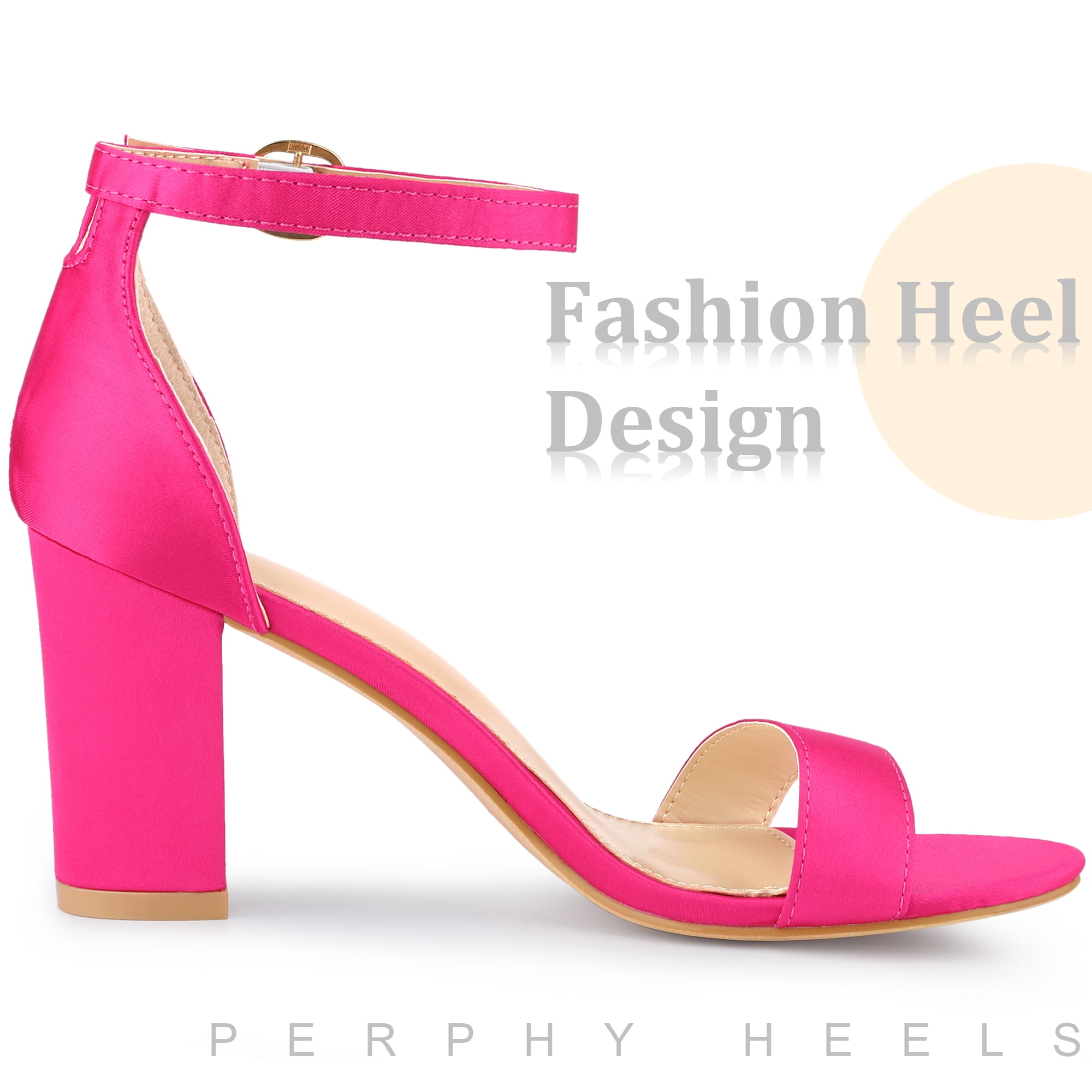 Unique Bargains Women's Open Toe High Heel Ankle Strap Satin Block Heels Sandals Hot Pink 5.5