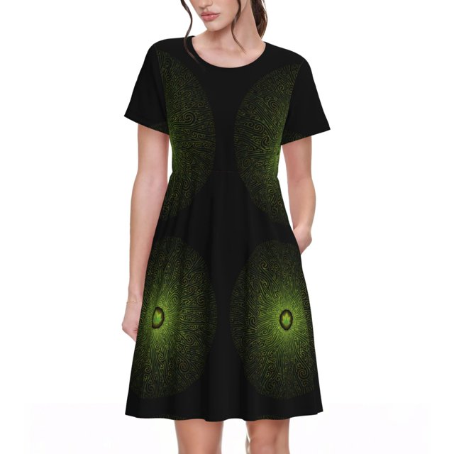 Disketp Mandala With Marijuana Leaf para Vestido de Manga Corta para Mujeres, Vestidos de Verano para Mujeres, Casual y Holgado para la Playa