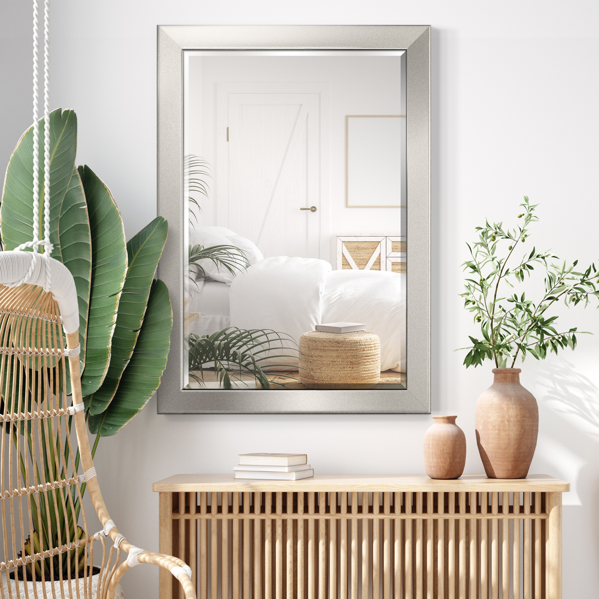 29 in. W x 41 in. H Framed Rectangle Beveled Edge Wood Full Length Mirror in Solid Silver