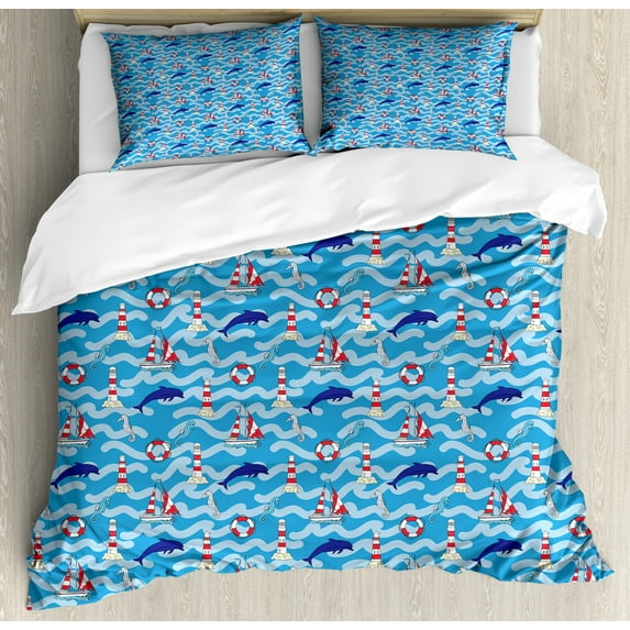 Lighthouse Duvet Cover Set Queen Size, Wavy Lines Aquatic Elements Dolphins Seahorses and Boats Marine Summer, Decorative 3 Piece Bedding Set with 2 Pillow Shams, Blue Navy Blue Red, by Ambesonne