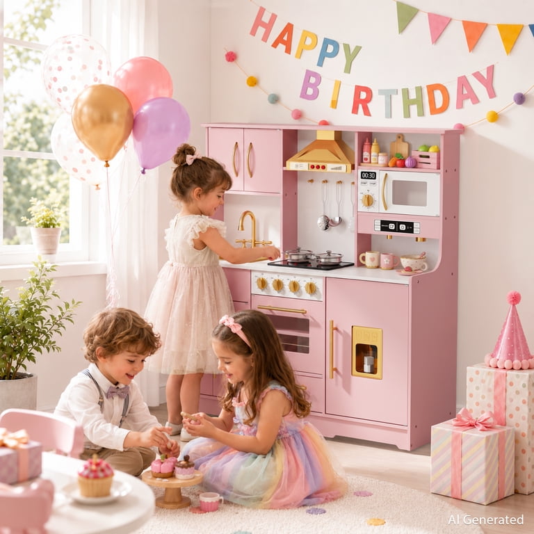 AILEEKISS Wood Kids Play Kitchen, Pink photo 2