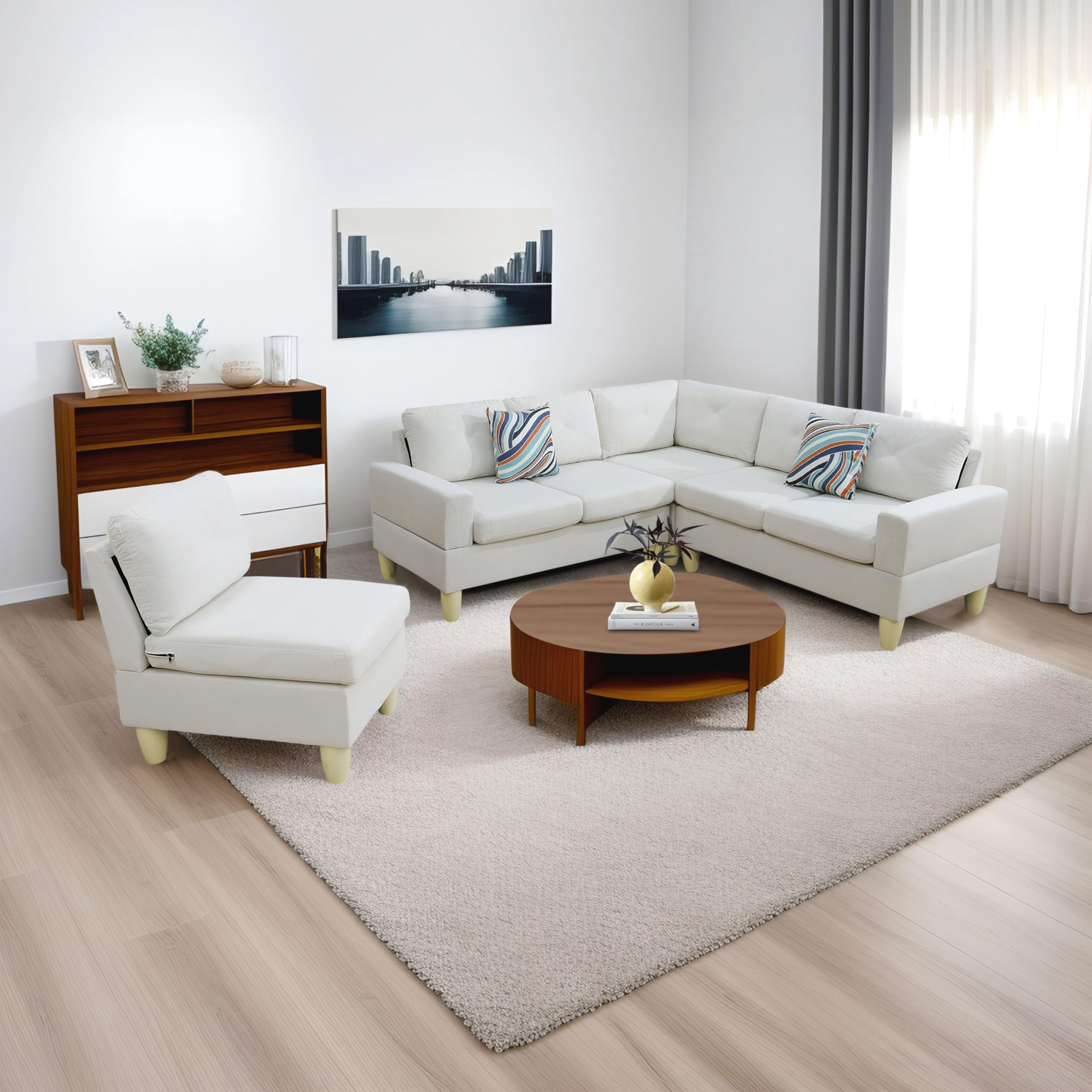 4-Piece Couch Living Room Sofa Set, 6 Seater Modular Sectional Couch L Shaped Corner Sofa, Beige
