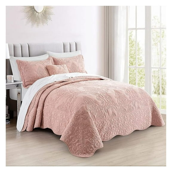 Queen Quilt Set 4 Piece - Dusty Pink Damask Embroidery - Lightweight Coverlet Bedspread with Scallop Edges - All Season Bedding 90" x 90"