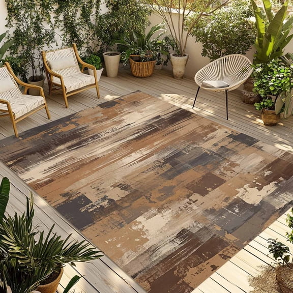 Brown Abstract Outdoor Rug for Patio/Deck/Porch, Non-Slip Large Area Rug 4 x 6 Ft, Vintage Geometric Gradient Oil Painting Modern Indoor Outdoor Rugs Washable Area Rugs, Camping Rug Carpet Runner