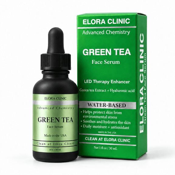 Elora Clinic Red Light Therapy Serum, Green Tea Hyaluronic Acid Hydrating Face Serum, Water-Based Antioxidant Formula