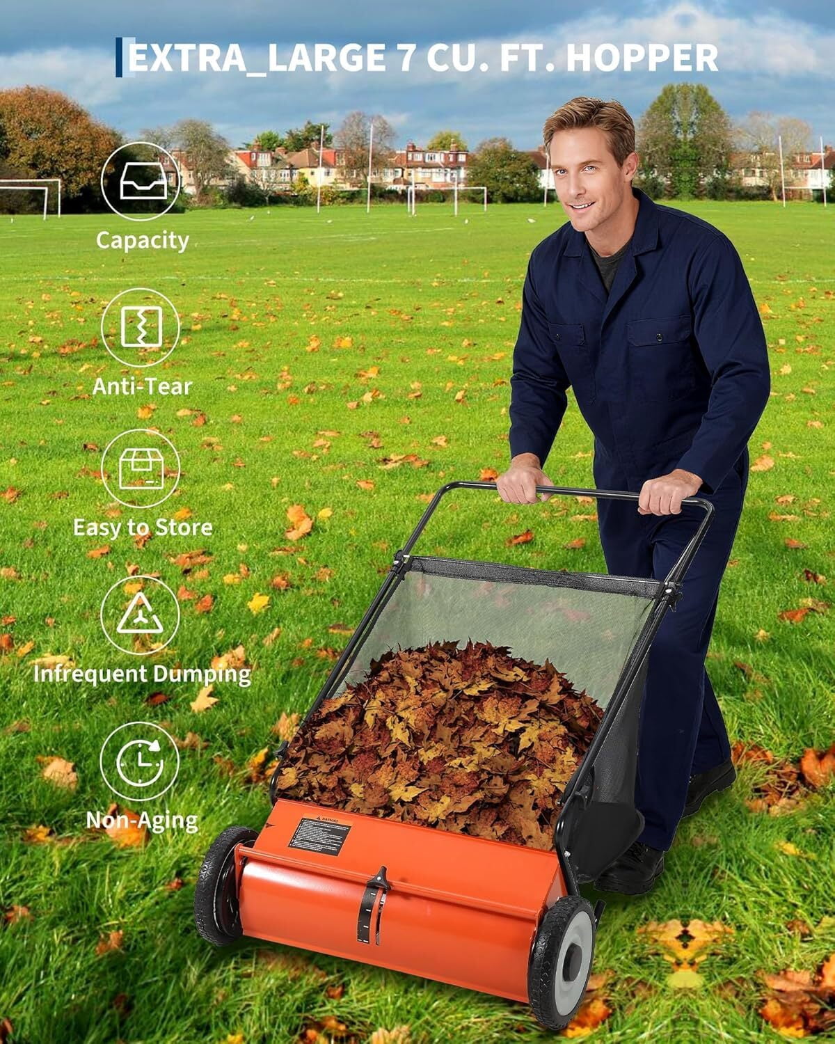 26-Inch Manual Push Lawn Sweeper with 7 Cu. Ft. Hopper Bag, 4 Fast Spinning Brushes & Adjustable Height, Heavy Duty Yard Sweeper for Leaves, Grass Clippings & Debris Collection