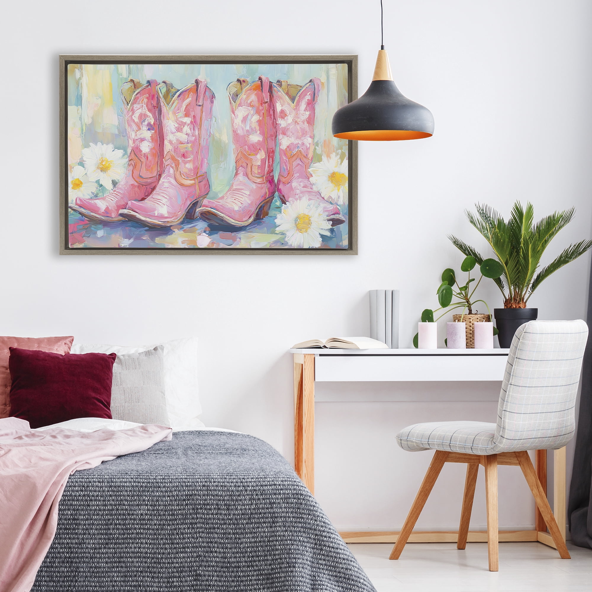 Stupell Industries Pink Cowgirl Boots Pairs Brown Framed Floater Canvas Wall Art, design by Tina LeCour