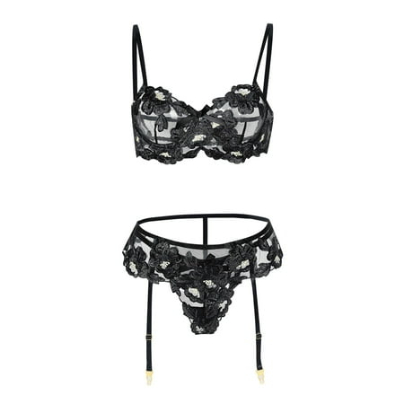 

Cathalem Gothic Clothes for Women Lingerie Sheer Floral Lace Pajamas Lingerie Set Lingerie Bra And Panties Skirts Underwear Black Medium