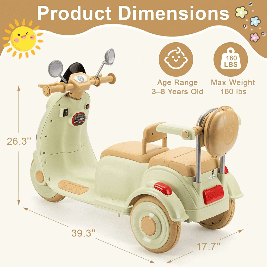 Dimedeal 12V Electric Motorcycle, Ride On Scooter for Kids, 2 Seater with Storage & Dual Motors, 3-Wheel Electric Ride On Toy for Girls and Boys Ages 3-8, Safe & Cute Design (Green)