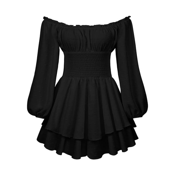 Vestido mini con volantes y pantalones cortos, hombros descubiertos, mangas largas abullonadas, cintura plisada, vestido princesa, lindo vestido francés