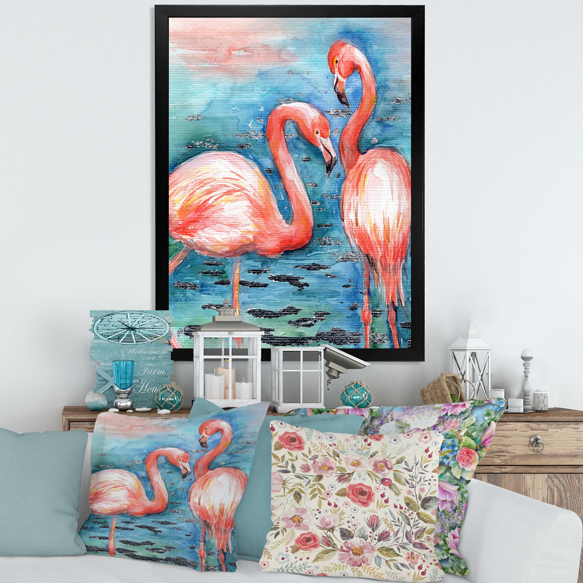 Designart 'Pink Flamingos Love Birds In Blue Water I' Farmhouse Framed Art Print