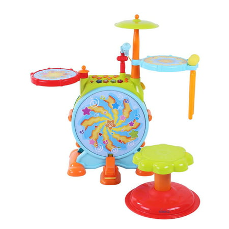 Electric Big Toy Drum Set For Kids By Dimple - Comes with Microphone Pedal n Stool - Pre Recorded Songs instruments music Lights n Sounds - Best Fun Playset for Boys n Girls - Great Gift for